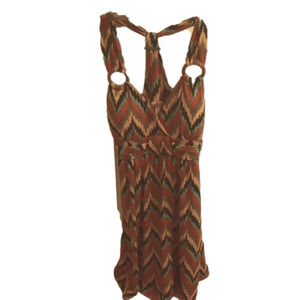 Pink Rose mini dress, size small, orangy pink‎ teal black grey yellow